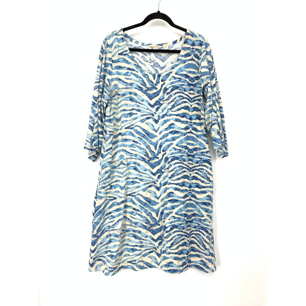 Soft Surroundings Dress Womens Medium Blue Zebra Print Scoop Neck 3/4 Sleeve